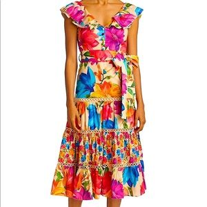 FARM Rio Mary's Garden Frilled Top Midi Dress Flowers Summer Size XS